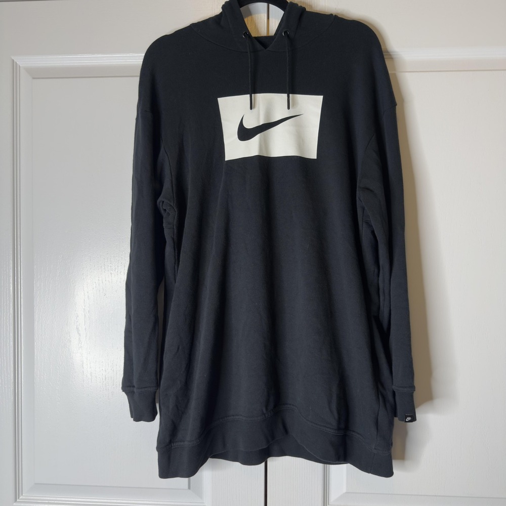 Nike Hoodie Mens Medium Black Graphic Swoosh Box Logo Pullover Fleece Sweatshirt